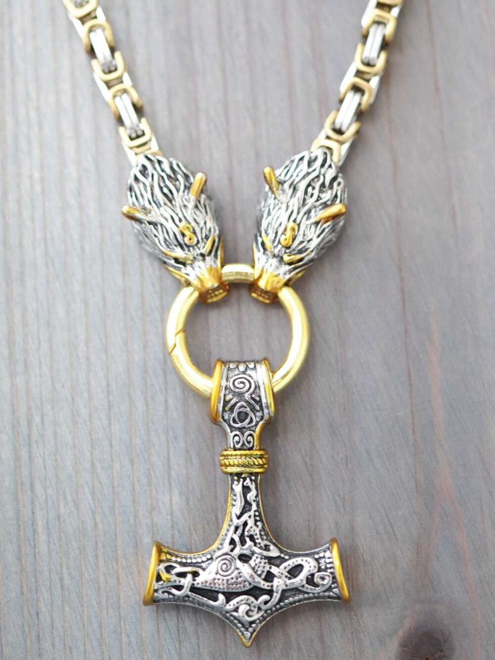 Thor Hammer Viking Style with Wolf Byzantine Chain Necklace 2-Tone Stainless Ste